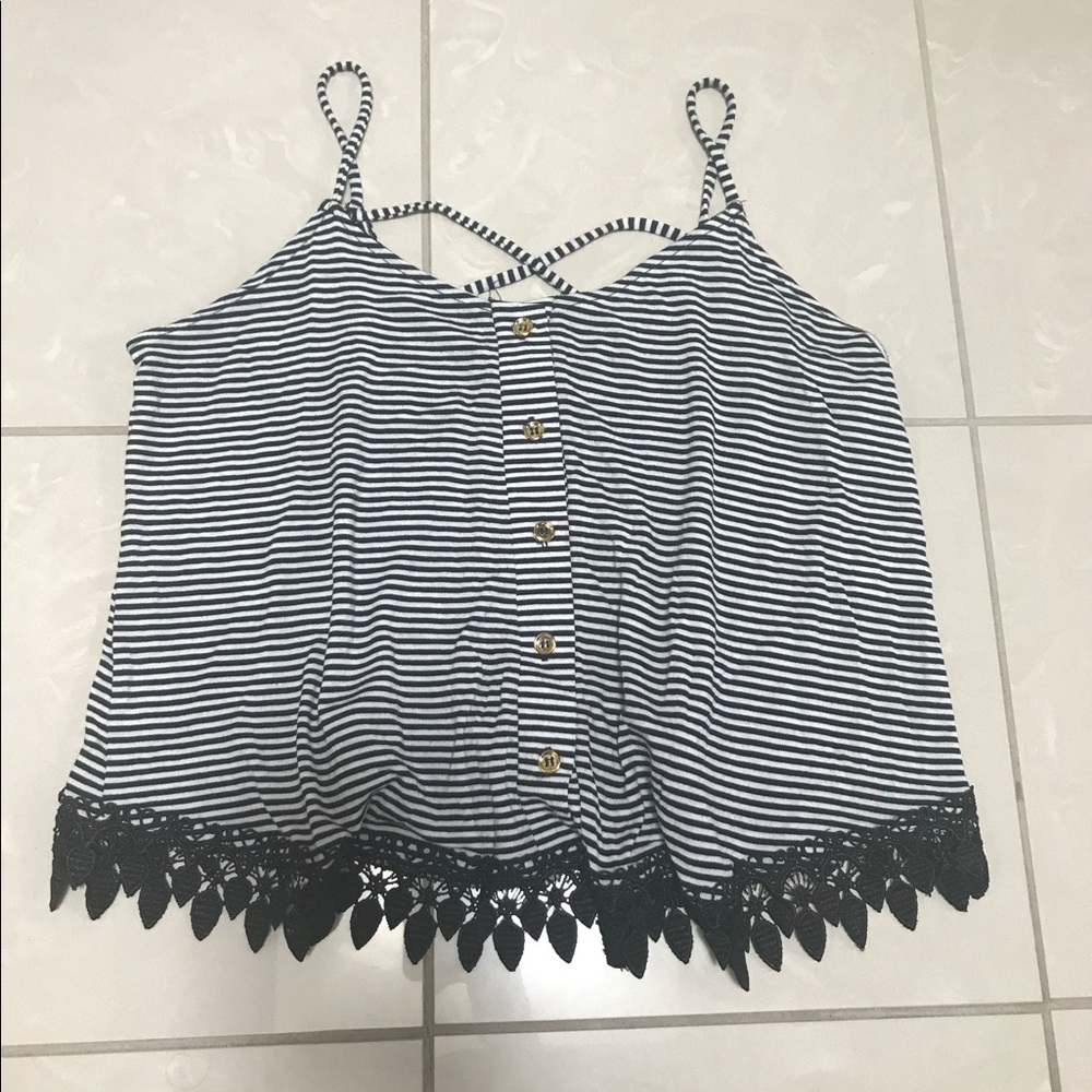 Black and white striped tank with lace trim