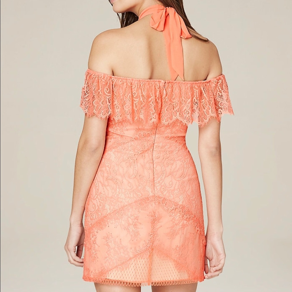 Bebe coral lace dress halter off shoulder NWT SZ 2 - Picture 2 of 2