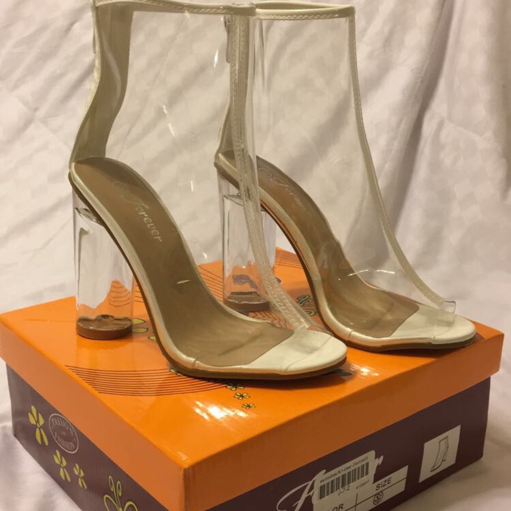clear open toed bootie heels