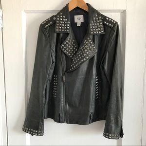 Grey/blue studded men's leather biker jacket