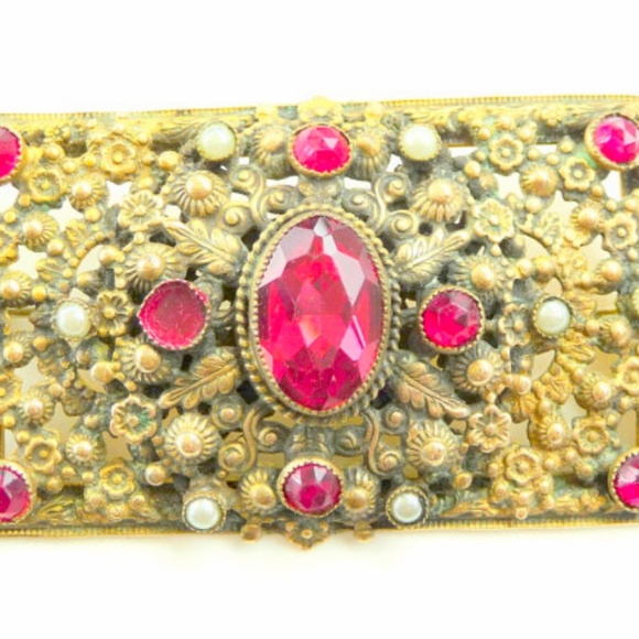 1940s Brooch Brass Oblong Delicate Romantic Floral Red Rococo Repousse - Picture 1 of 5