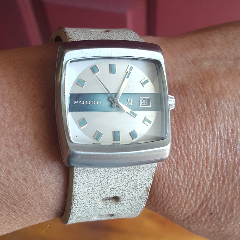 White Retro Square Fossil Watch With Date