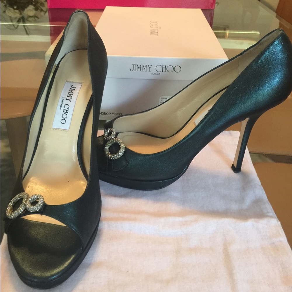 Jimmy Choo open toe suede bottle metallic pumps