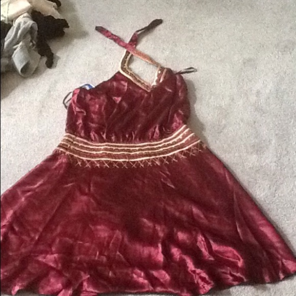 Burgundy self tie halter dress
