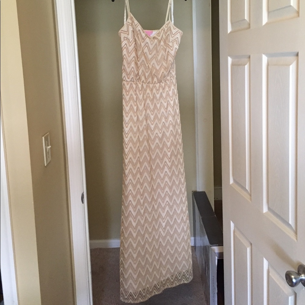 Lilly Pulitzer long gold striped dress.