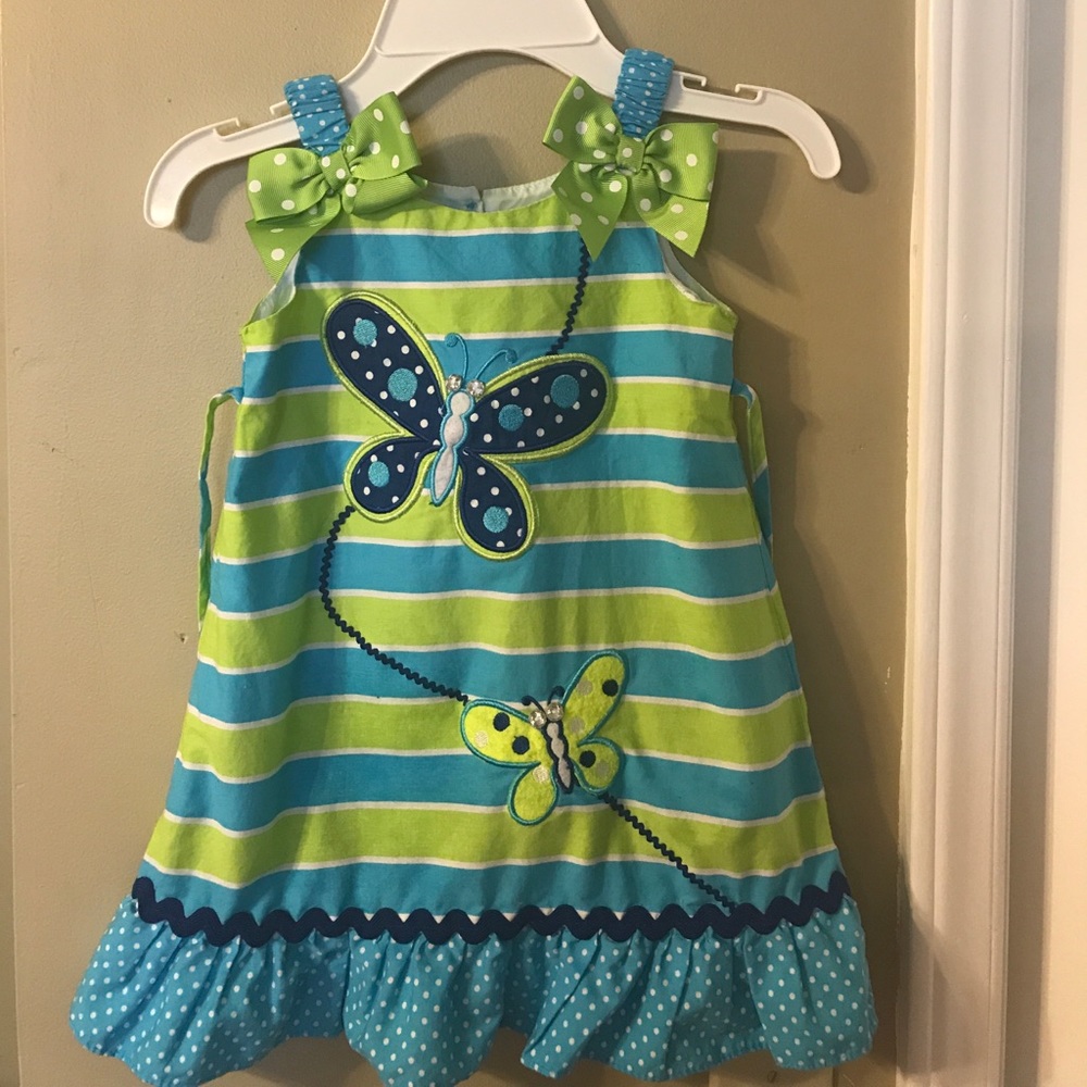 Blue & Green Sweet Heart Rose butterfly dress 3T.