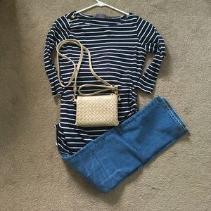 Boatneck navy striped maternity shirt