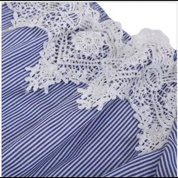 Off the Shoulder Pinstripe & Lace Dress - Picture 6 of 8