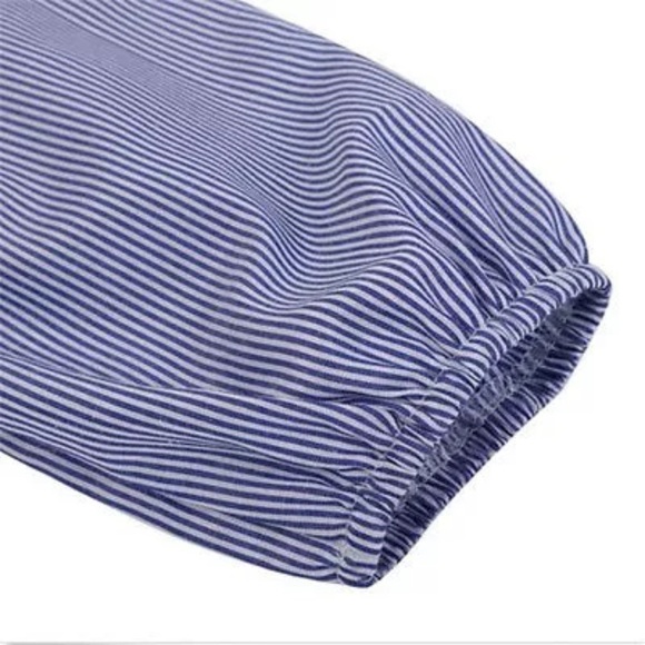 Off the Shoulder Pinstripe & Lace Dress - Picture 7 of 8