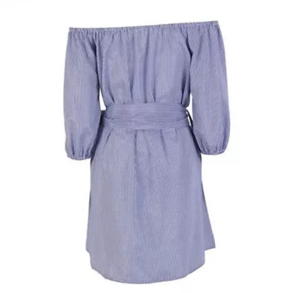 Off the Shoulder Pinstripe & Lace Dress - Picture 8 of 8