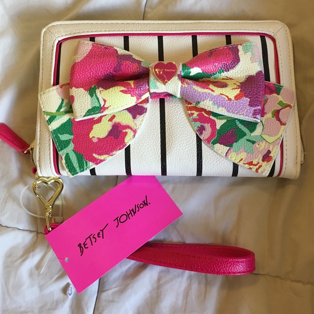 Betsey Johnson floral and striped wristlet clutch