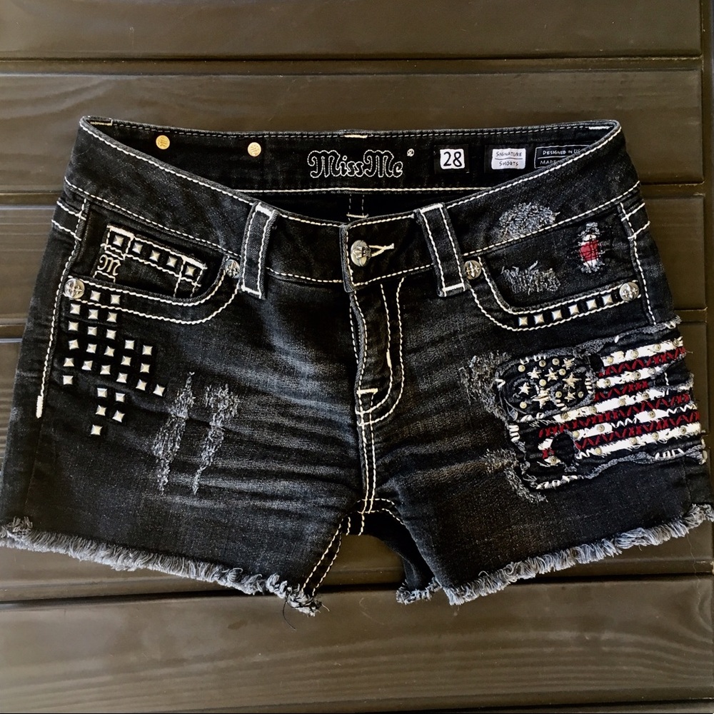 Miss Me Black American Flag jean shorts