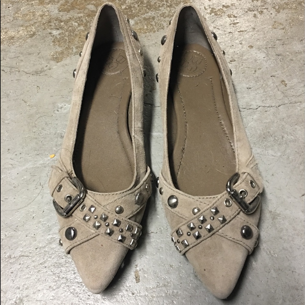 BCBG Pointed Flats Taupe with Pewter Studs