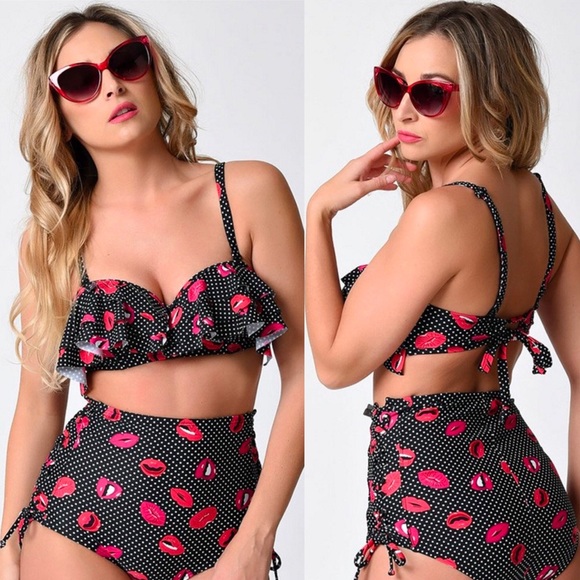 Unique Vintage Other - Lip Print Vintage Style Swimsuit Bikini