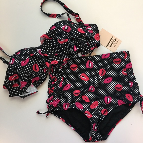 Lip Print Vintage Style Swimsuit Bikini - Picture 4 of 4