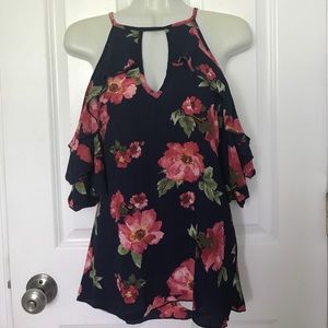 NEW Navy floral cold shoulder top large