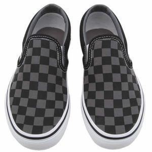 Black and grey checkered Vans slip ons