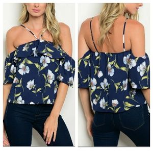 Navy Floral Cold Shoulder Top