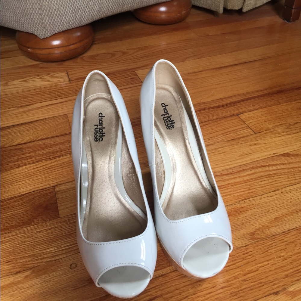 White patent leather cork wedges