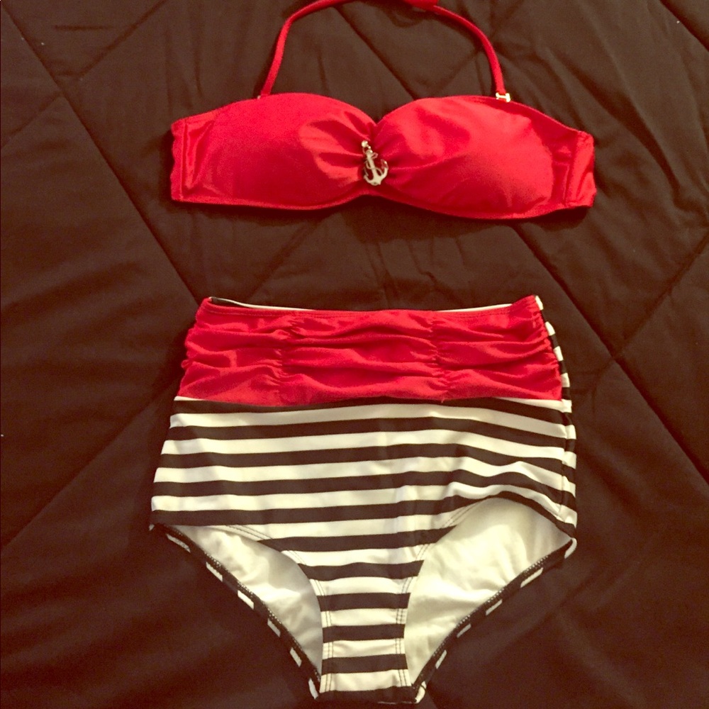 HIGH WAISTED Red Black & White Anchor Bathingsuit