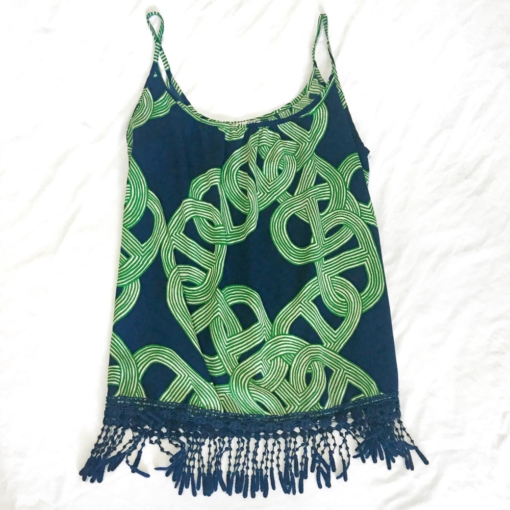 Patterned Spaghetti Strap Tank with Tassles