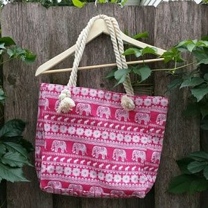 Boho elephant pink tote beach bag