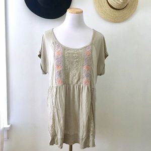 vintage America Tops - Oversized Gray Lace Detail Tunic vintage America Tops - Oversized Gray Lace Detail Tunic