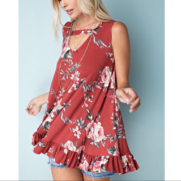 NICOLE Floral Ruffle Tunic Top - RUST - Picture 2 of 3