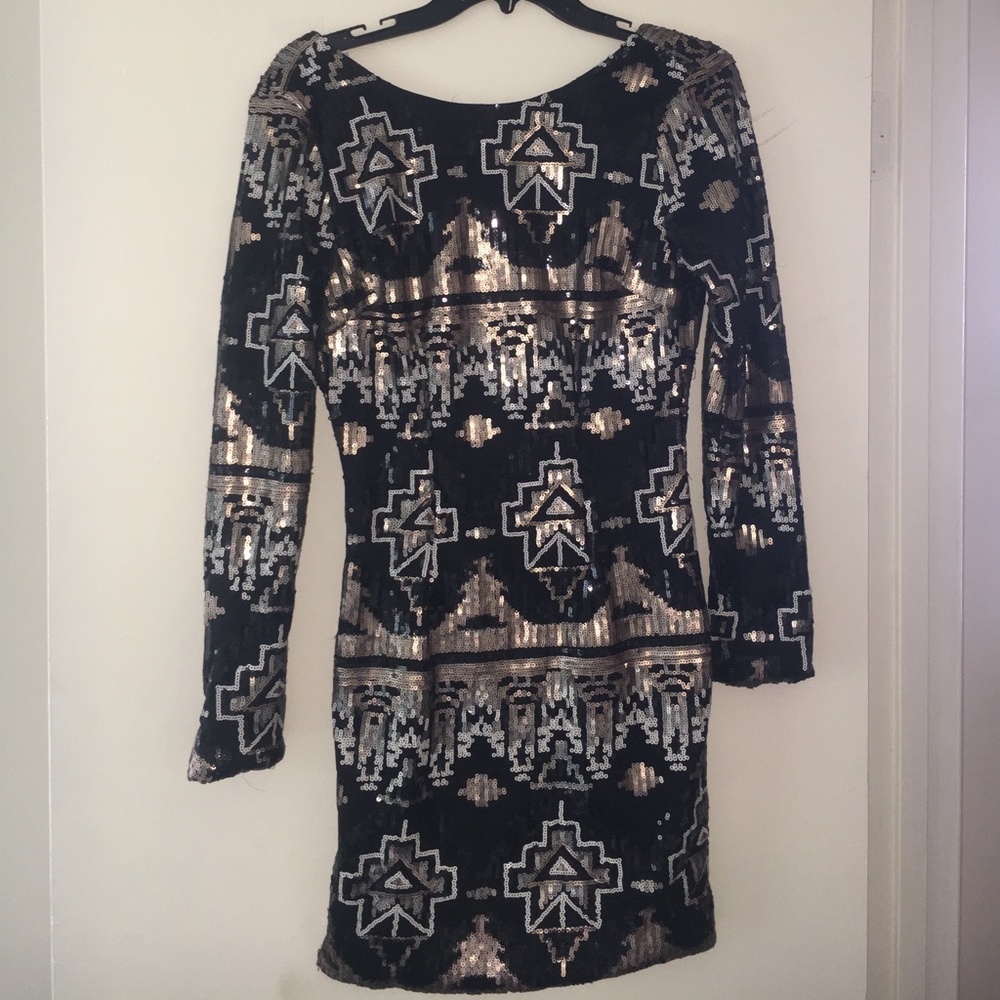 Semi-formal black and gold backless sequin dress