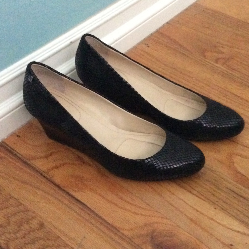 Calvin Klein black python saxton wedge heel