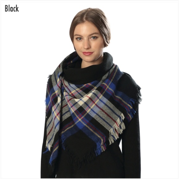 Accessories - Black Blue Plaid Square Blanket Scarf / Shawl