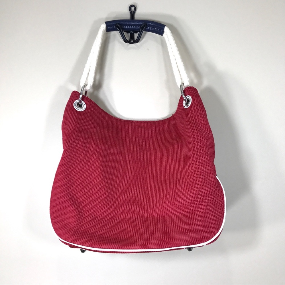 The Sak red crochet braided strap handbag