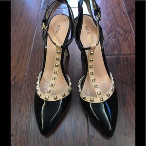 Black Patent T-Strap Spiked Pumps