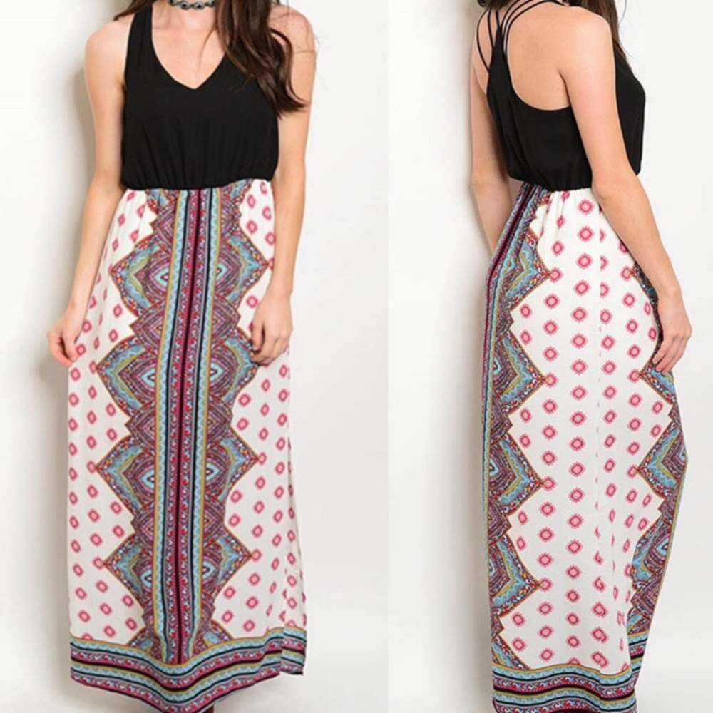 MEDIUM Bohemian Black and Print Strappy Maxi dress - Picture 2 of 4