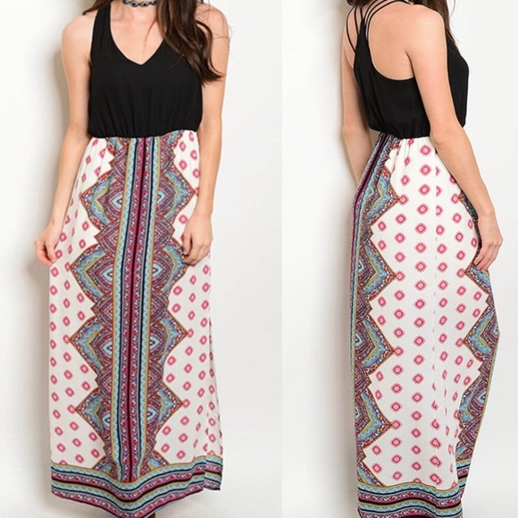 MEDIUM Bohemian Black and Print Strappy Maxi dress - Picture 2 of 4