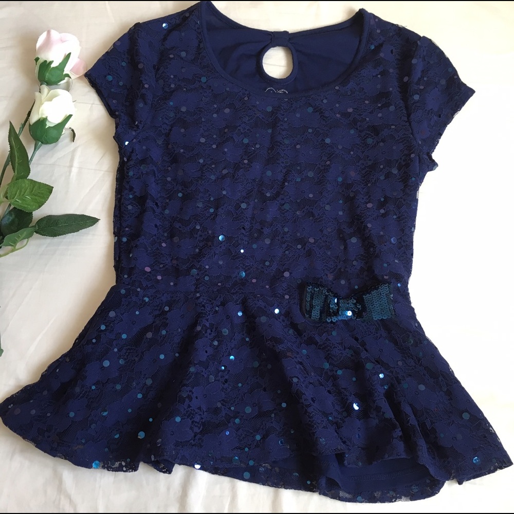 JUSTICE Blue Sequin Blouse Top Girls cutsy top