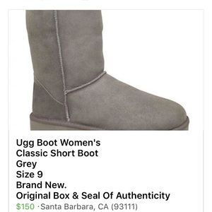 Ugg Boot Women's 
Classic Short Boot 
Grey Size 9