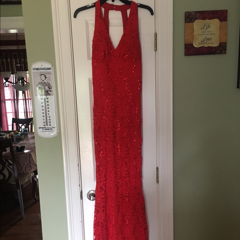 Red lace and sequin formal dress