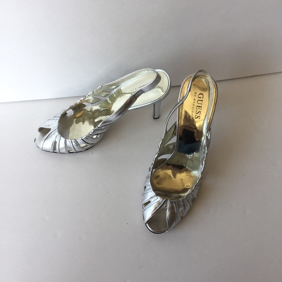 GUESS by Marciano silver sling back peep toe heels - Picture 2 of 6