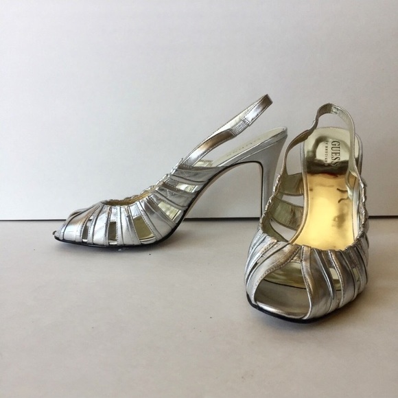 GUESS by Marciano silver sling back peep toe heels - Picture 4 of 6