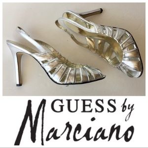 GUESS by Marciano silver sling back peep toe heels