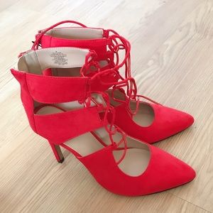 Red suede party heels