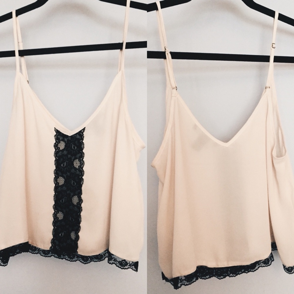 Off white crop top with black lace detailing