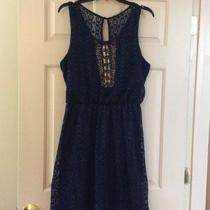 Navy high-low eyelet dress with beaded front