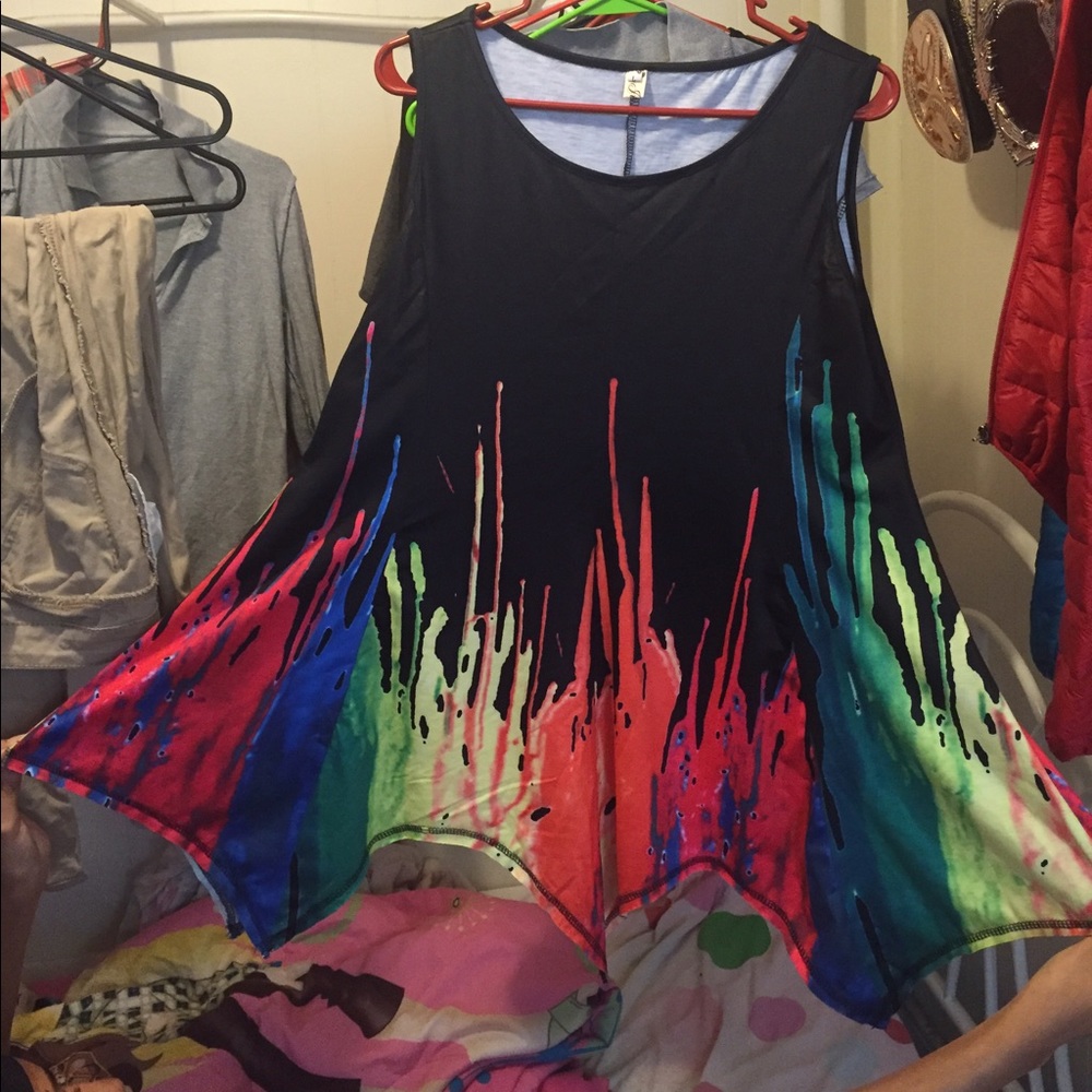 colored paint drip asymmetrical sleeveless Tshirt