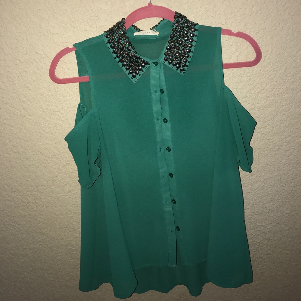 Lush sequined collared cold shoulder blouse