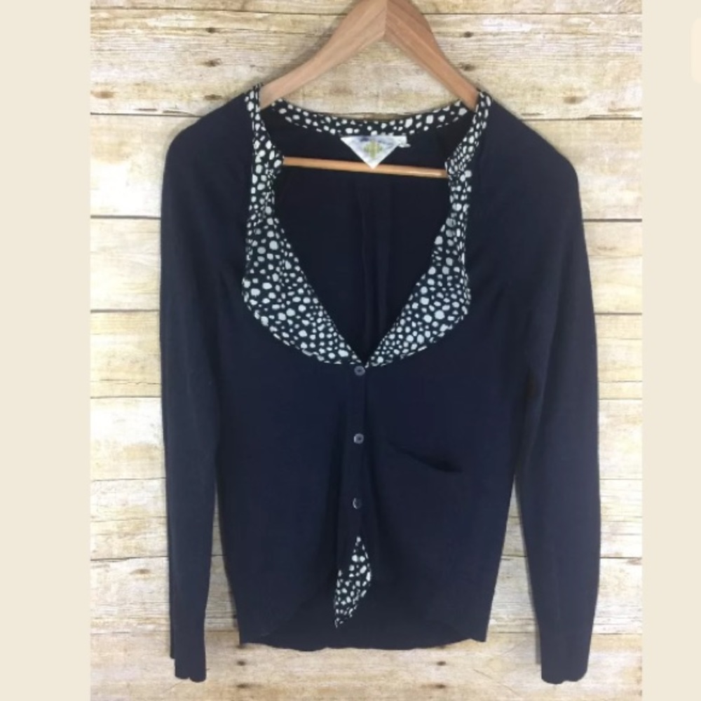 Anthropologie HWR Polka Dot Navy Cardigan Inset