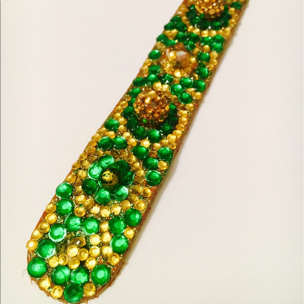 Green and Gold Beaded Leather Bracelet Handmade