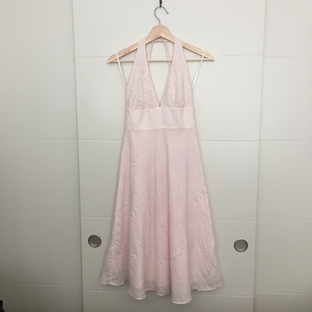 J. Crew Embossed Linen Halter Dress in Baby Pink