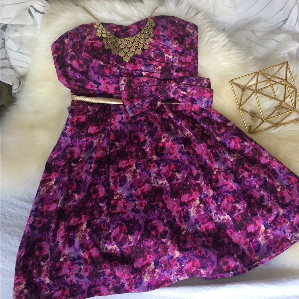 Floral Pink Sweetheart Strapless Bow Pleated Dress